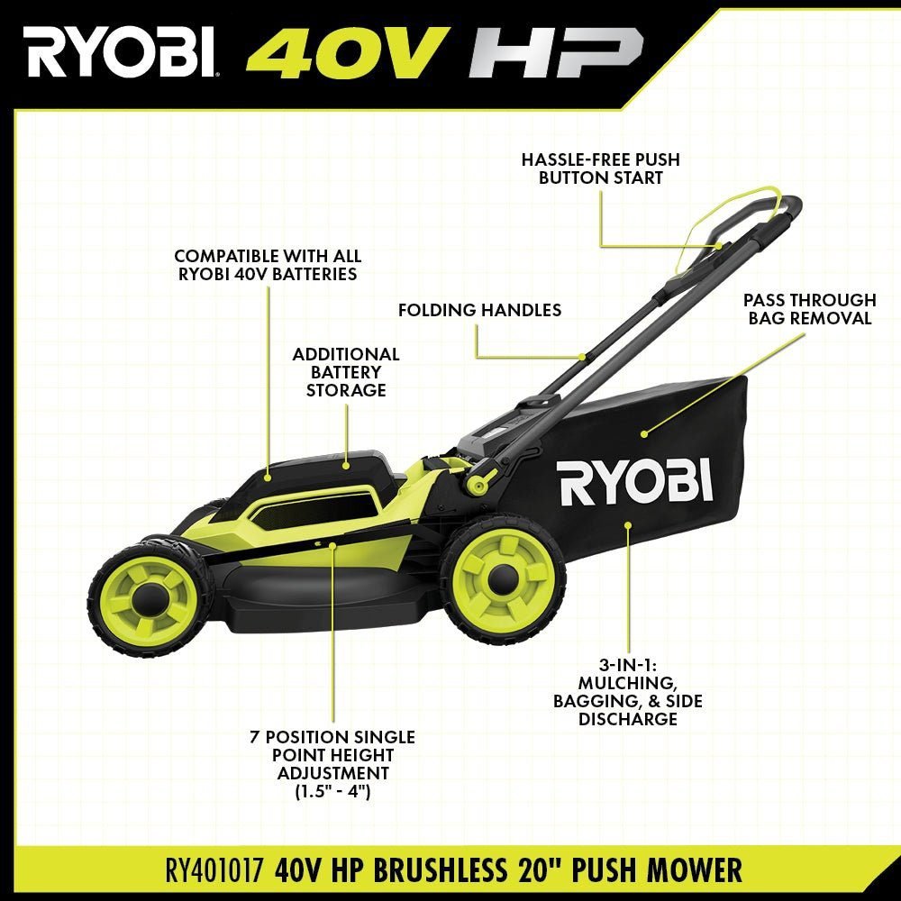 ryobi 40v hp brushless 20 in. cordless battery walk behind push mower with 6.0 ryobi 40v hp brushless 20 in. cordless battery walk behind push mower with 6.0