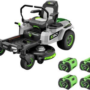 ego power+ electric riding lawn mower, 42″ deck with zero turn radius, includes (4) 56v 10.0ah batteries and charger zt4204l