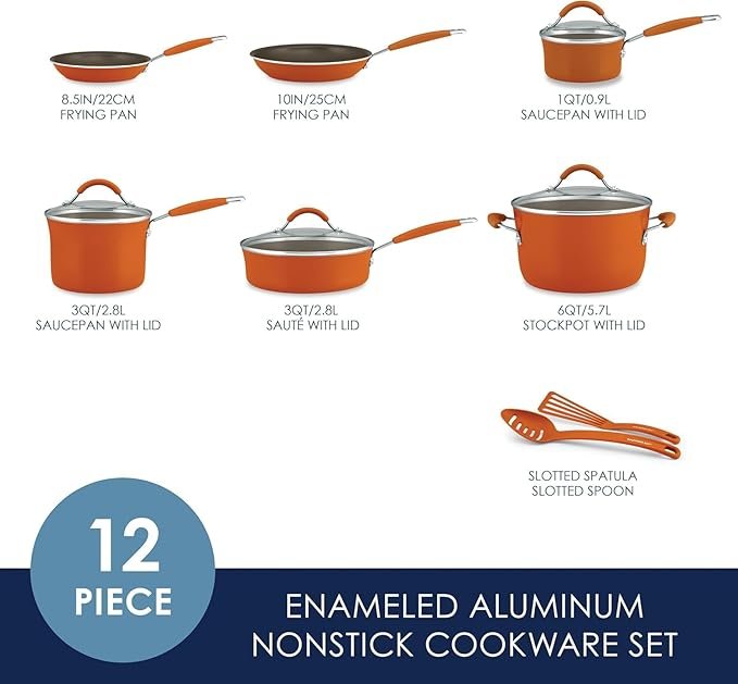 rachael ray cucina nonstick cookware pots and pans set, 12 piece, pumpkin orange rachael ray cucina nonstick cookware pots and pans set, 12 piece, pumpkin orange