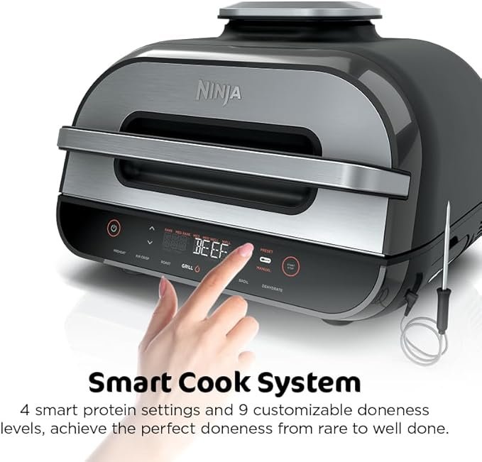 ninja | indoor grill and air fryer| foodi smart xl | 6 in 1 grill, air fry, roast, bake, broil, dehydrate & crisp |smart thermometer & splatter shield | dishwasher safe parts | black/silver | fg551 ninja | indoor grill and air fryer| foodi smart xl | 6 in 1 grill, air fry, roast, bake, broil, dehydrate & crisp |smart thermometer & splatter shield | dishwasher safe parts | black/silver | fg551