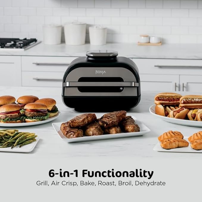 ninja | indoor grill and air fryer| foodi smart xl | 6 in 1 grill, air fry, roast, bake, broil, dehydrate & crisp |smart thermometer & splatter shield | dishwasher safe parts | black/silver | fg551 ninja | indoor grill and air fryer| foodi smart xl | 6 in 1 grill, air fry, roast, bake, broil, dehydrate & crisp |smart thermometer & splatter shield | dishwasher safe parts | black/silver | fg551