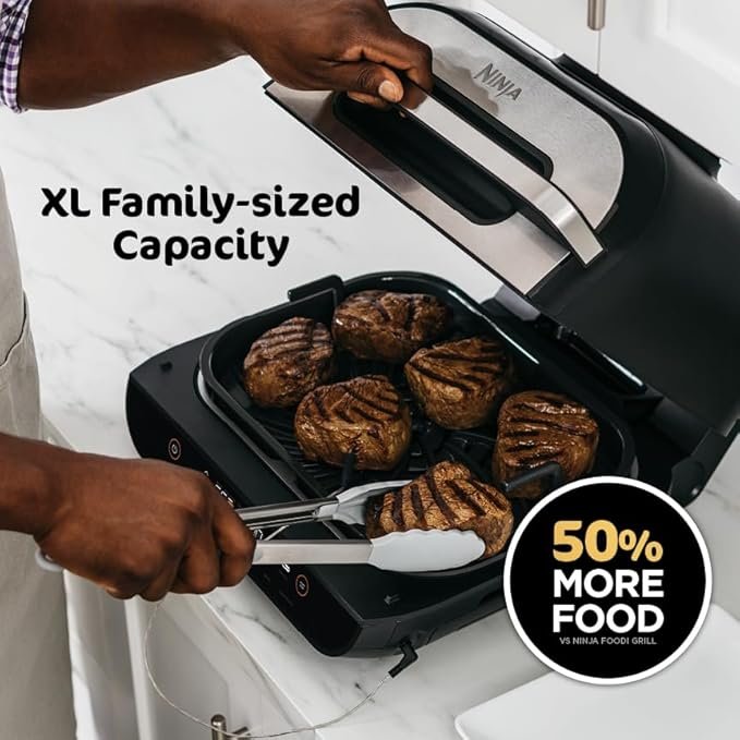 ninja | indoor grill and air fryer| foodi smart xl | 6 in 1 grill, air fry, roast, bake, broil, dehydrate & crisp |smart thermometer & splatter shield | dishwasher safe parts | black/silver | fg551 ninja | indoor grill and air fryer| foodi smart xl | 6 in 1 grill, air fry, roast, bake, broil, dehydrate & crisp |smart thermometer & splatter shield | dishwasher safe parts | black/silver | fg551
