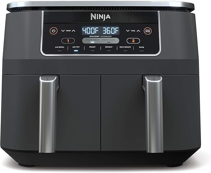 ninja dz201 foodi 8 quart 6 in 1 dualzone 2 basket air fryer with 2 independent frying baskets, match cook & smart finish to roast, broil, dehydrate & more for quick, easy meals, grey ninja dz201 foodi 8 quart 6 in 1 dualzone 2 basket air fryer with 2 independent frying baskets, match cook & smart finish to roast, broil, dehydrate & more for quick, easy meals, grey