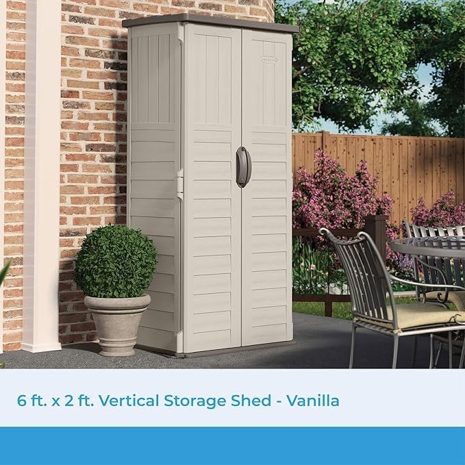suncast vertical outdoor storage shed with all weather construction, vanilla suncast vertical outdoor storage shed with all weather construction, vanilla