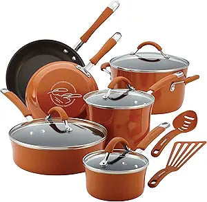 rachael ray cucina nonstick cookware pots and pans set, 12 piece, pumpkin orange rachael ray cucina nonstick cookware pots and pans set, 12 piece, pumpkin orange