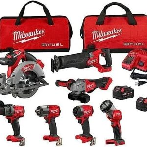 milwaukee m18 fuel 18v lithium ion brushless cordless combo kit with two 5.0 ah batteries, 1 charger, 2 tool bags (7 tool)