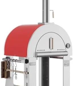 empava pizza oven with open shelf and wheels for outdoor kitchen, wood fire for grill & camping backyard party in stainless steel, 38.6 inch, italian red