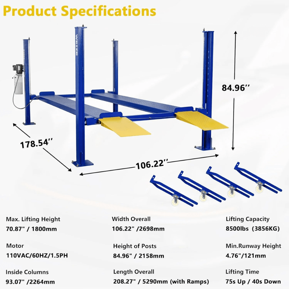 weize 8500lbs 4 post car lift with caster kits – pla 1030 weize 8500lbs 4 post car lift with caster kits – pla 1030