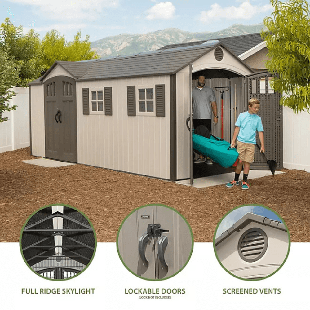 lifetime 8′ x 17.5′ outdoor storage shed dual entry, tan lifetime 8′ x 17.5′ outdoor storage shed dual entry, tan