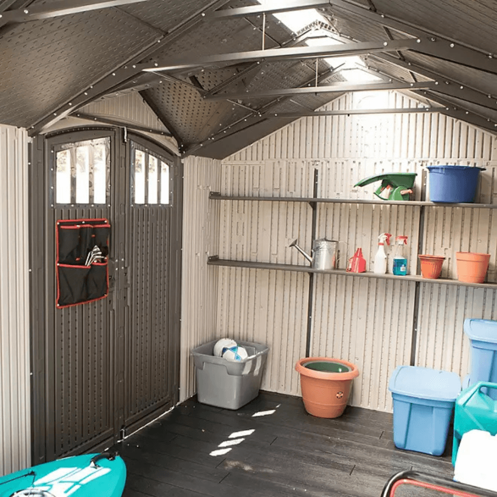 lifetime 8′ x 17.5′ outdoor storage shed dual entry, tan lifetime 8′ x 17.5′ outdoor storage shed dual entry, tan