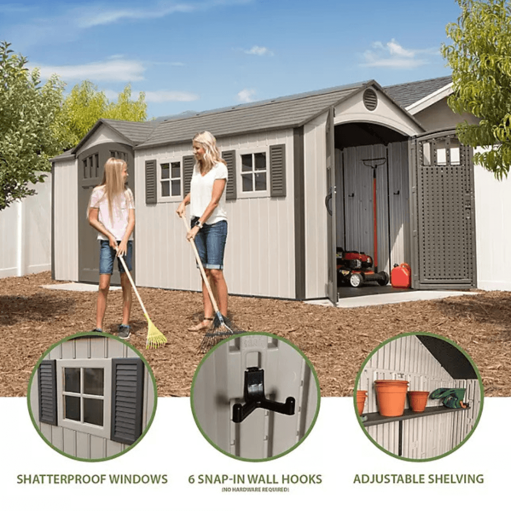 lifetime 8′ x 17.5′ outdoor storage shed dual entry, tan lifetime 8′ x 17.5′ outdoor storage shed dual entry, tan