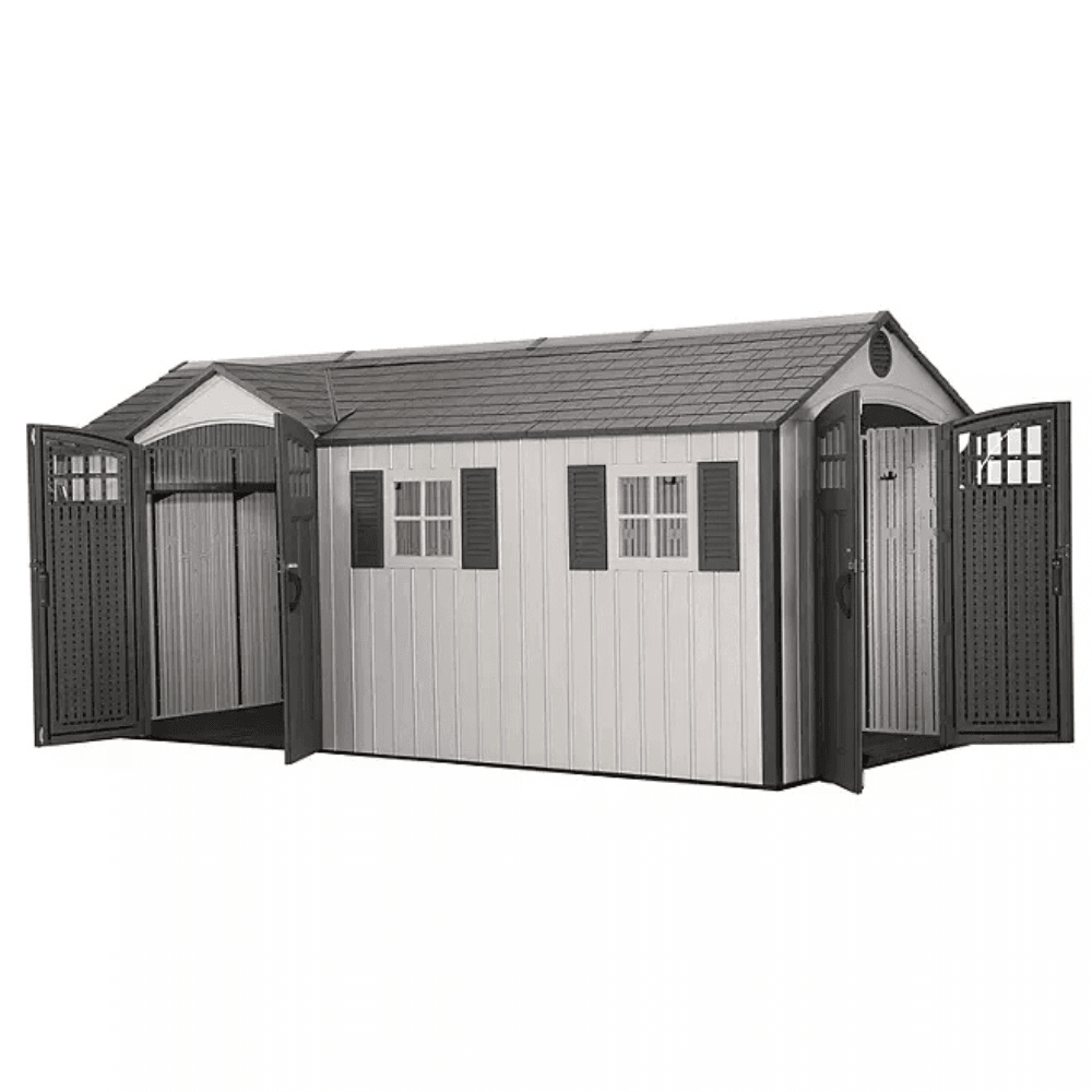 lifetime 8′ x 17.5′ outdoor storage shed dual entry, tan lifetime 8′ x 17.5′ outdoor storage shed dual entry, tan
