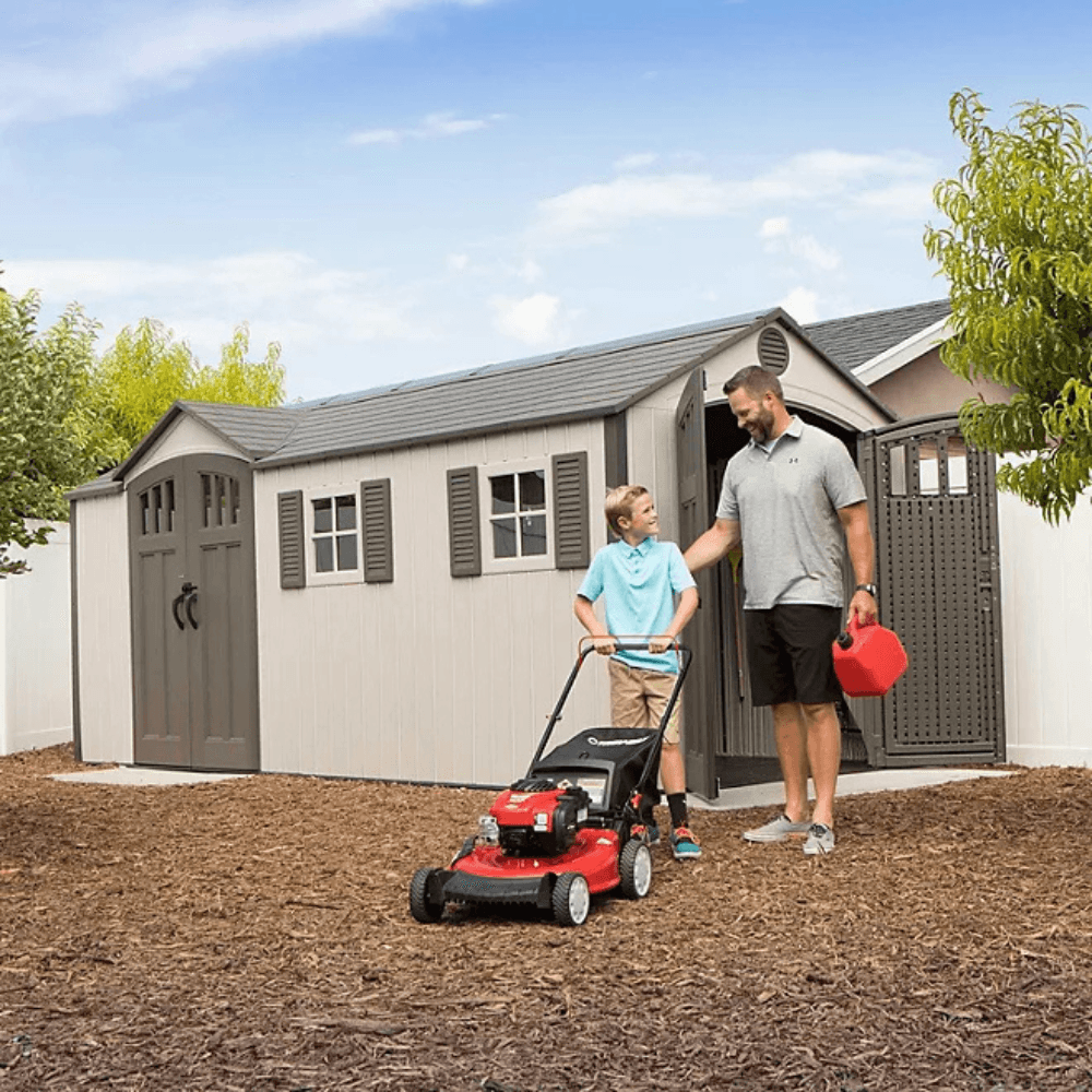 lifetime 8′ x 17.5′ outdoor storage shed dual entry, tan lifetime 8′ x 17.5′ outdoor storage shed dual entry, tan