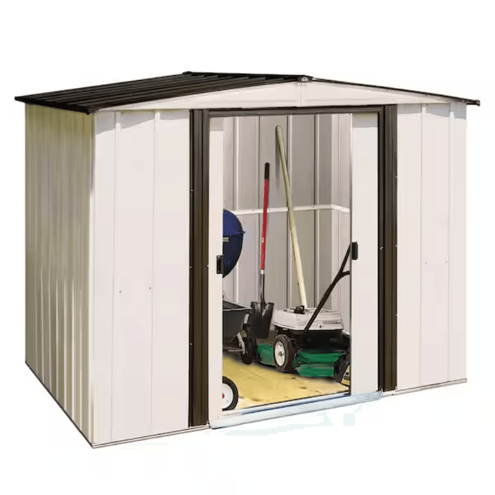 newport 8 ft. w x 6 ft. d 2 tone eggshell and coffee galvanized metal shed with sliding lockable doors (43 sq. ft.) newport 8 ft. w x 6 ft. d 2 tone eggshell and coffee galvanized metal shed with sliding lockable doors (43 sq. ft.)