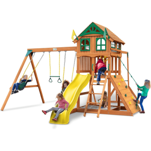 outing iii wooden outdoor playground with wood roof, monkey bars, slide, swings set, and backyard playset accessories