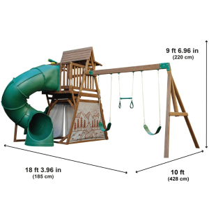 ranger retreat wooden swing set/playset with tent, tube slide and 3 swings