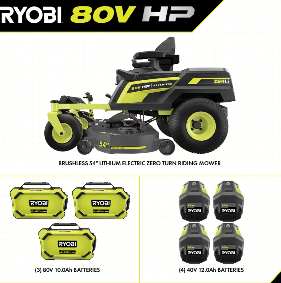 ryobi 80v hp brushless 54 in. battery electric cordless zero turn mower & mulch kit ryobi 80v hp brushless 54 in. battery electric cordless zero turn mower & mulch kit